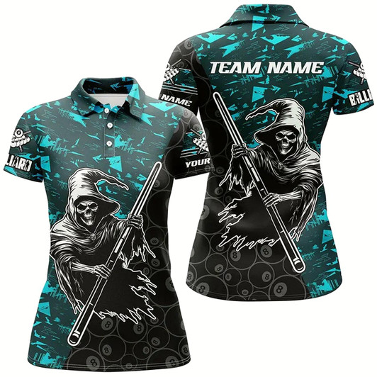 Goofygear Personalized Cyan Abstract Death Skeleton Women Billiard Shirts, Halloween Scary Billiard Jerseys