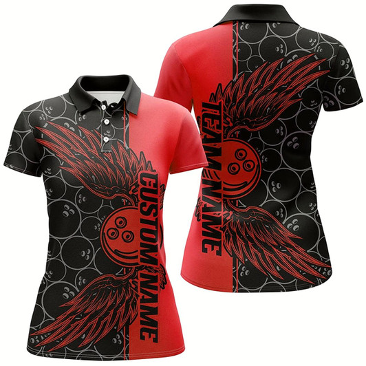 Goofygear Black And Blue Custom Bowling Ball And Wings Bowling Shirts For Women, Bowling Team Uniform