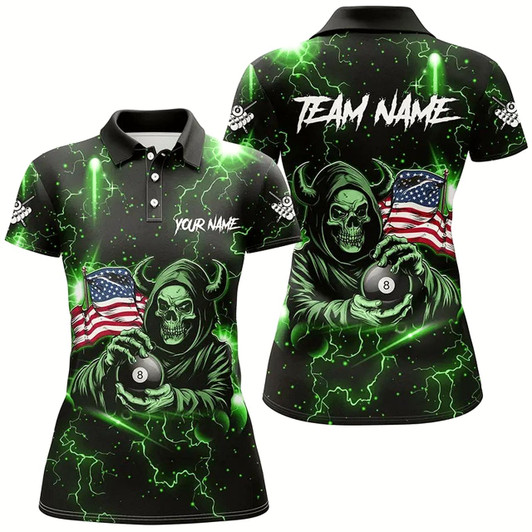 Goofygear Green Skull Thunder Lightning Us Flag Custom Women Billiard Shirts, Patriotic Billiard Team Jerseys
