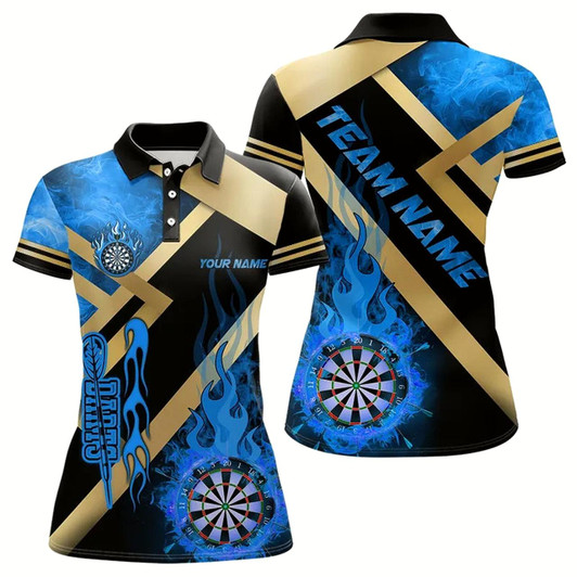 Goofygear Personalized Gold And Blue Dartboard Fire Flame Custom Darts Shirts For Women, Darts Team Jerseys