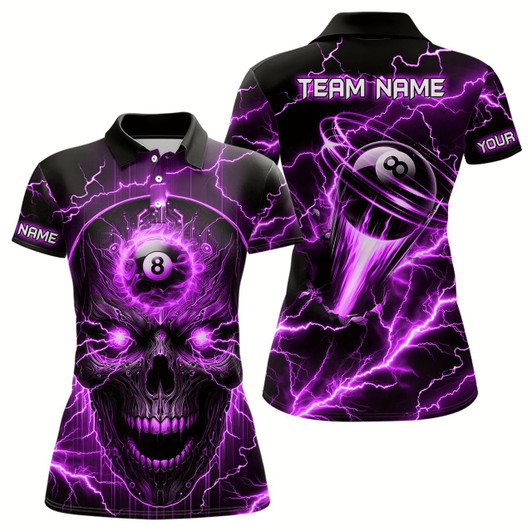 Goofygear Personalized Skull Billiard Shirts For Women Custom Name 8 Ball Pool Billiard Jersey Purple