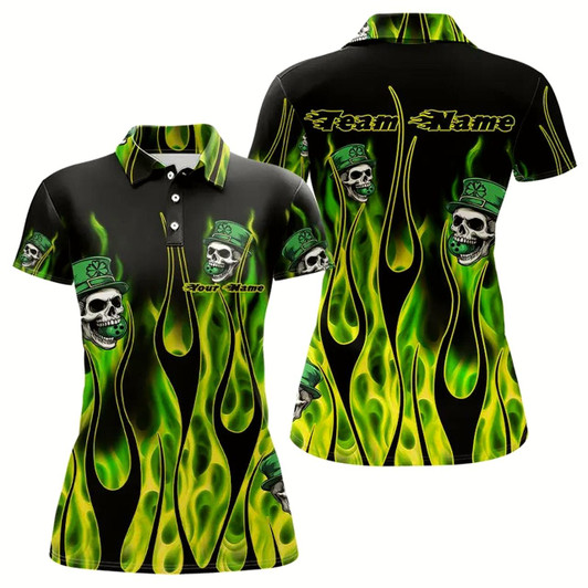 Goofygear Green Flame Clover Skull St Patrick'S Day Women Bowling Shirts Custom Lucky Bowling Team Jerseys