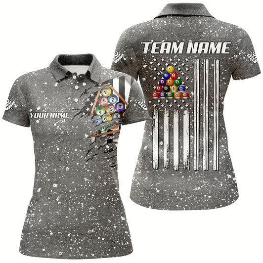 Goofygear Personalized Grey Grunge American Flag Billiard Shirts For Women, Patriotic Billiard Pool Jerseys