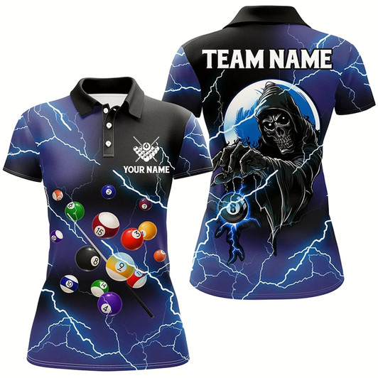 Goofygear Custom Death Skull Billiard Balls Thunder Lightning 3D Shirts For Women, Purple Billiard Team Jerseys
