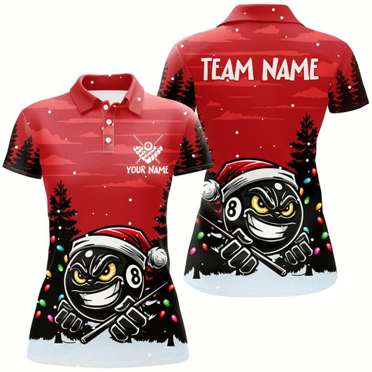 Goofygear Personalized Red Christmas Santa 8 Ball Pool Billiard Shirts For Women, Funny Xmas Billiard Jerseys