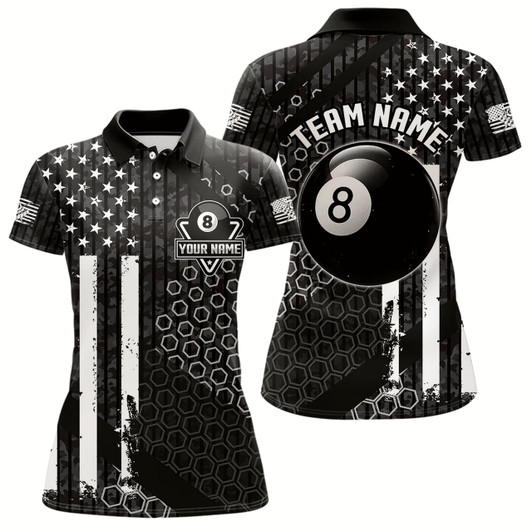 Goofygear Personalized Black White American Flag Billiard Shirts For Women, Patriotic 8 Ball Billiard Jerseys