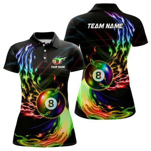Goofygear Personalized 8 Ball Pool Rainbow Fire Flame Billiard Shirts For Women, Colorful Billiard Jerseys