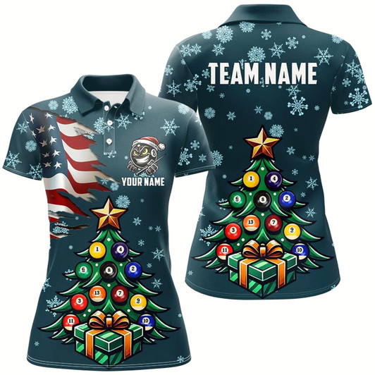 Goofygear Personalized Christmas Billiard Shirts For Women Custom Us Flag Christmas Pine Tree Billiard Jerseys
