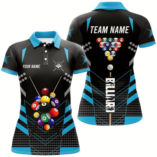 Goofygear Black And Blue Billiard Jerseys Halftone Pattern Custom Women Billiard Shirts, Billiard Team Uniform