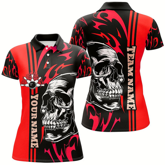 Goofygear Bowling Shirts For Women Custom Black And Red Flame Skull Bowling Ball And Pins Team League Jerseys