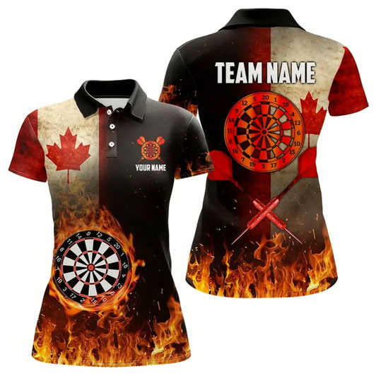 Goofygear Personalized Retro Canada Flag Flame Dartboard Darts Shirts For Women, Patriotic Canadian Dart Jersey
