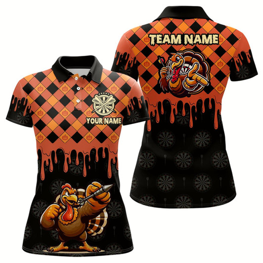 Goofygear Personalized Orange Black Funny Turkey Pumpkin Dart Shirts For Women, Thanksgiving Dart Jerseys Gift