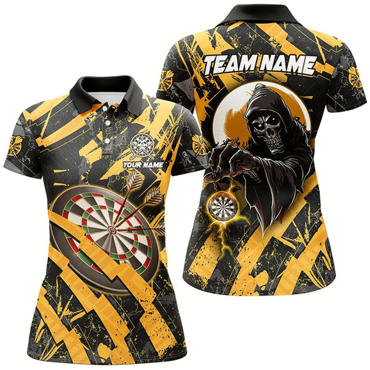 Goofygear Personalized Grunge Yellow Dartboard Skeleton Darts Shirts For Women Custom Cool Darts Team Jerseys