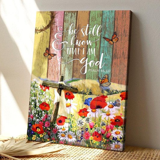 Cross In Flower Field Be Still And Know That I Am God Canvas Wall Art With Scripture And Bible Verse For Decor