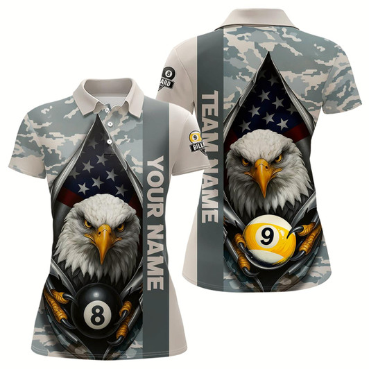 Goofygear Grey Camo American Flag Eagle 8 Ball & 9 Ball Pool Jersey For Women Custom Billiard Team Shirt