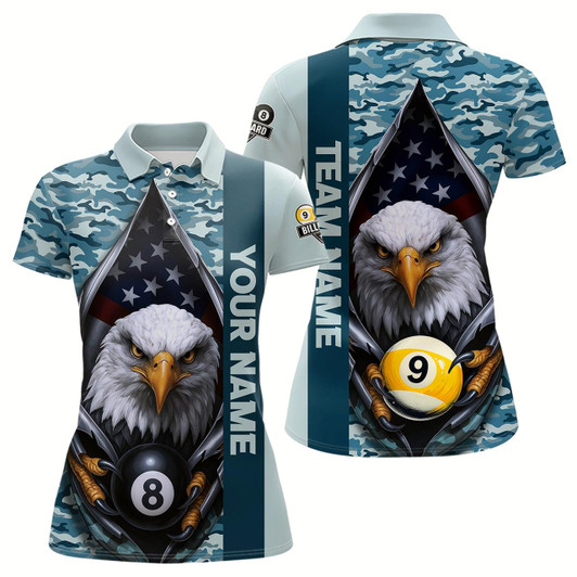 Goofygear Blue Camo American Flag Eagle 8 Ball & 9 Ball Pool Jersey For Women Custom Billiard Team Shirt