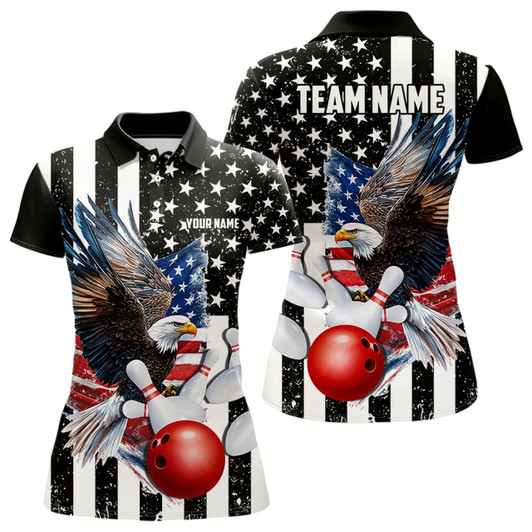 Goofygear Black & White American Flag Eagle Women Bowling Shirt Custom Patriotic Outfit Ladies Bowling Jersey