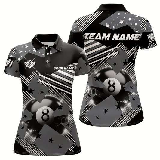 Goofygear Grey And Black American Flag Custom 8 Ball Billiard Shirts For Women, Pride Patriotic Billiard Jersey