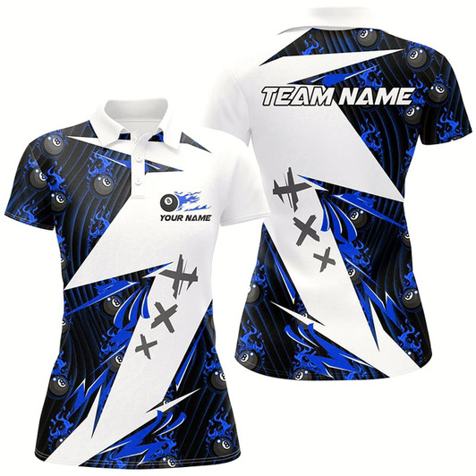 Goofygear Blue Billiard 8 Ball Flame Pattern Custom Pool Shirts For Women, Billiard Tournament Jerseys For Team