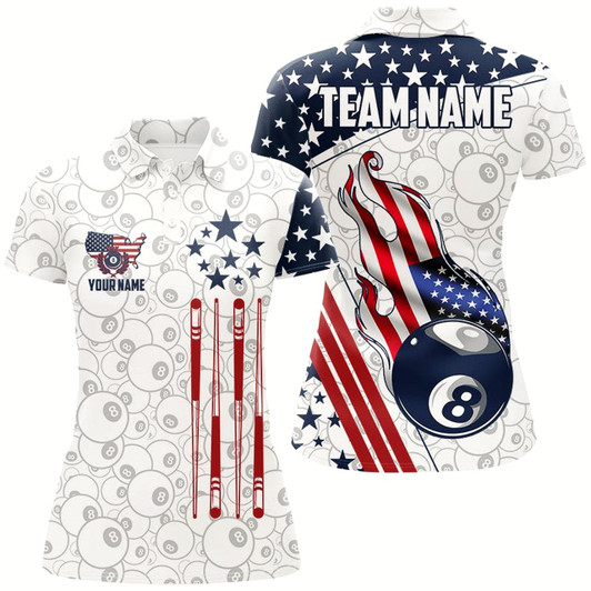 Goofygear Personalized American Flag Ball 8 Pattern Women Billiard Shirts, Patriotic Billiard Jerseys White