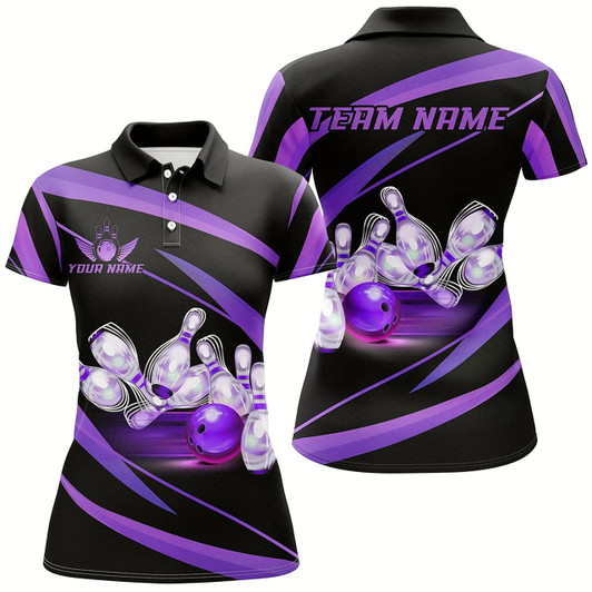 Goofygear Personalized Black And Purple Bowling Shirts For Women, Custom Team Bowling League Jerseys
