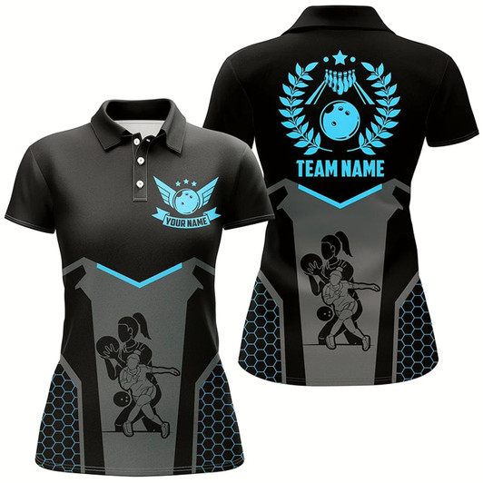 Goofygear Black Bowling Jerseys For Women Custom Retro Bowling Shirts For Team Bowlers Blue