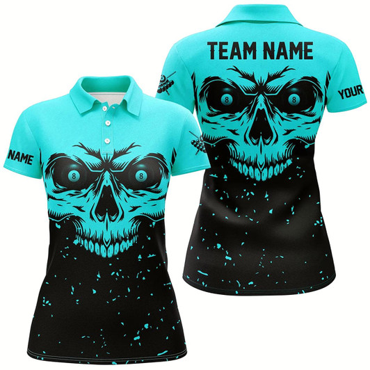Goofygear Custom Grunge Cyan Black Skull Billiard Women Jerseys Shirts, 8 Ball Billiards Apparel Clothing