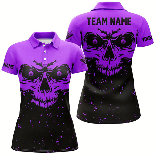 Goofygear Custom Grunge Purple Black Skull Billiard Women Jerseys Shirts, 8 Ball Billiards Apparel Clothing