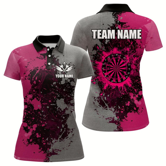 Goofygear Personalized Darts Paint Pink And Grey Dart Shirts For Women Custom Grunge Dart Team Jerseys