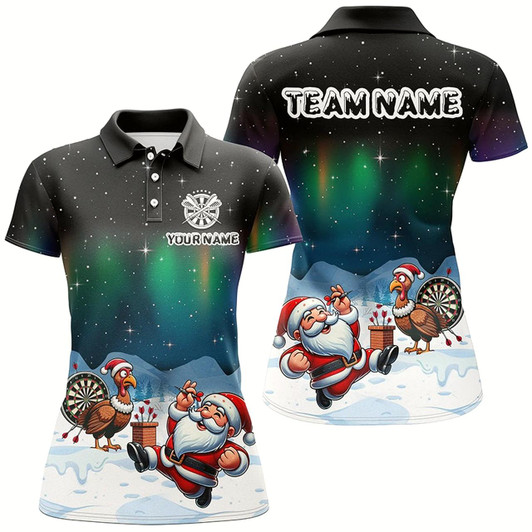 Goofygear Funny Santa And Turkey Playing Darts Custom Dart Shirts For Women, Unique Christmas Dart Jerseys