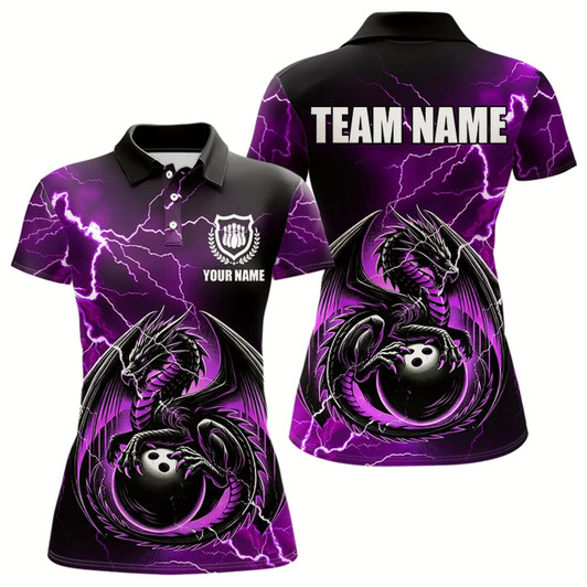 Goofygear Personalized Black And Purple Thunder Lightning Dragon Bowling Shirts For Women, Bowling Team Uniform