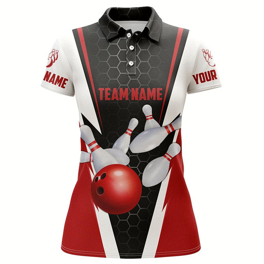 Goofygear Custom Bowling Shirts For Women, Bowling Ball And Pins Women'S Bowling Jerseys Red