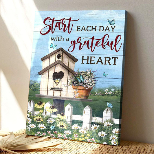 Bird House Start Each Day With A Grateful Heart Canvas Wall Art Featuring Bible Verse And Scripture For Daily