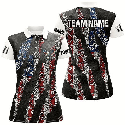 Goofygear Grunge American Flag 8 Ball Pattern Custom Billiard Shirts For Women, Patriotic Billiard Jerseys