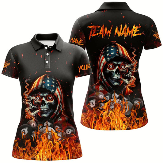 Goofygear Funny Skull Us Flag Fire Custom Billiard Shirts For Women, Patriotic Billiard Jerseys Apparel