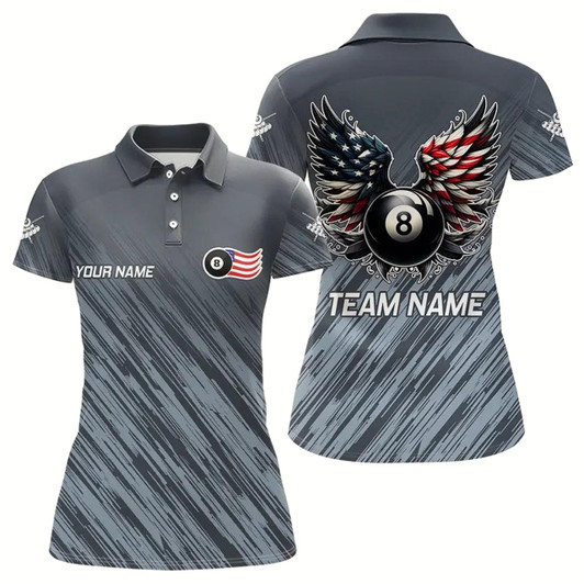 Goofygear Personalized Funny 8 Ball Wings Us Flag Grey Billiard Shirts For Women, Patriotic Billiard Jerseys