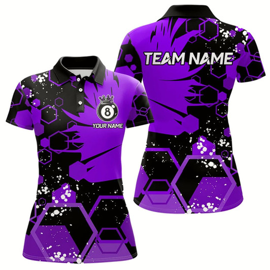 Goofygear Personalized Black Purple 8 Ball Crown Hexagon Billiard Shirts For Women, Pool Billiard Team Jerseys