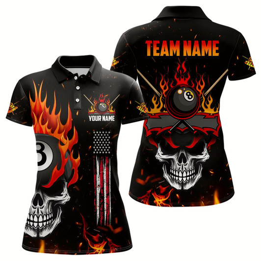 Goofygear Personalized Fire Flame Skull American Flag Billiard Shirts For Women, 8 Ball Pool Billiard Jerseys