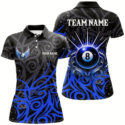 Goofygear Blue 8 Ball Pool Wings Swirl Pattern Custom Billiard Shirts For Women Unique Billiard Jerseys