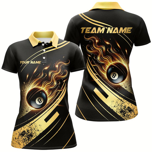 Goofygear Personalized Black Golden 8 Ball Pool Fire Billiard Shirts For Women Team League Billiard Jerseys