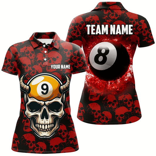 Goofygear Personalized Billiard Jersey 8 & 9 Ball Custom Funny Skull Pattern Billiard Shirts For Women Red