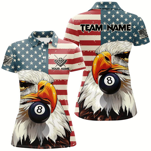Goofygear Personalized Retro Us Flag Custom Eagle 8 Ball Billiard Shirts For Women, Patriotic Billiard Jerseys