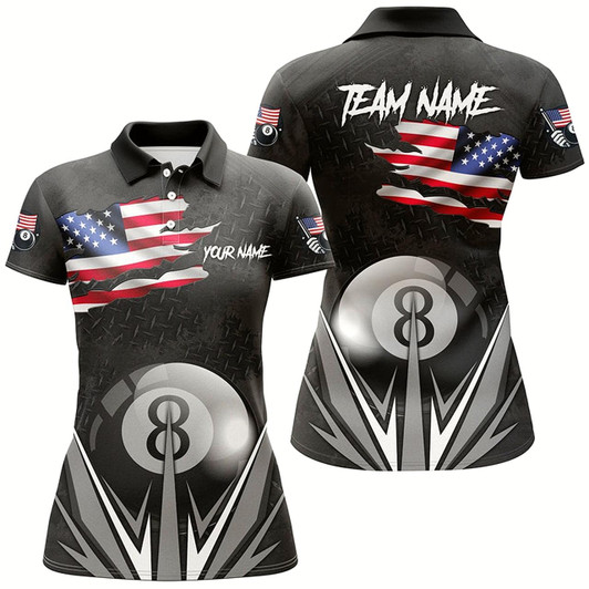 Goofygear American Flag 8 Ball Pool Custom Name Black Billiard Jerseys For Women, Patriotic Billiard Shirts