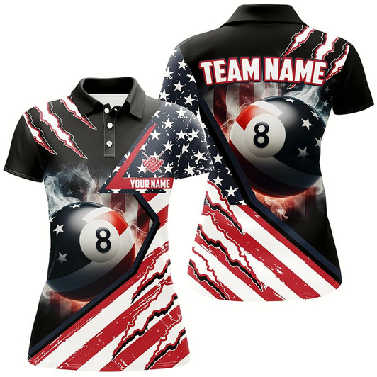 Goofygear Personalized 8 Ball Pool Us Flag Smoke Billiard Shirts For Women, Patriotic Billiard Jerseys Attire