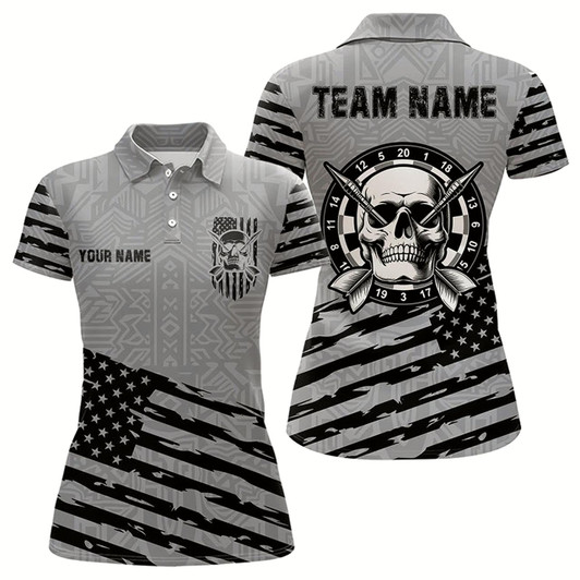 Goofygear Personalized Grey Us Flag Skull Dart Shirts For Women Custom Patriotic Cool Dart Team Jerseys