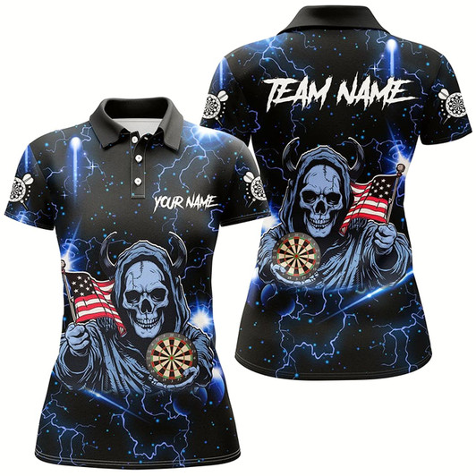 Goofygear Blue Skull Thunder Lightning Us Flag Custom Dart Shirts For Women, Darts League Team Jerseys