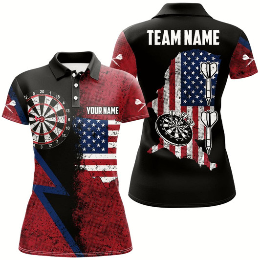 Goofygear Personalized Red Retro American Flag Women Dart Shirts, Patriotic Dart Jerseys For Team Darts Player
