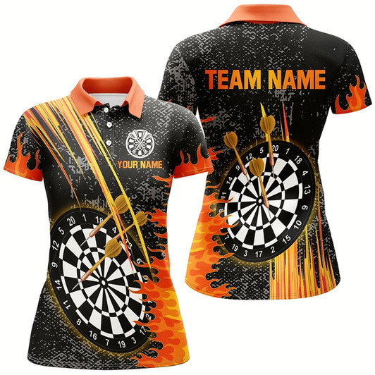 Goofygear Custom Grey Grunge Orange Fire Flame Darts Shirts For Women, Darts Team Jerseys Short Sleeves