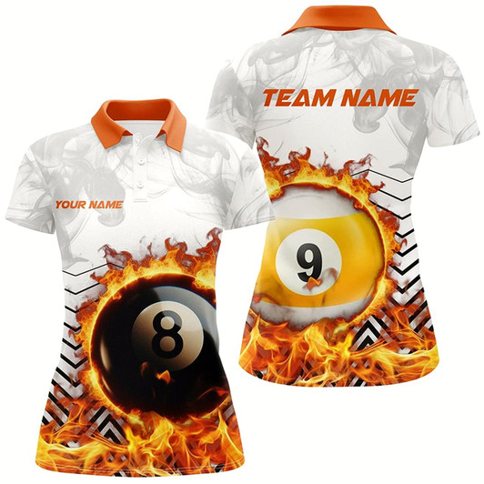 Goofygear Personalized 8 Ball & 9 Ball Fire Flame Smoke Billiard Shirts For Women, Billiard Apparel For Team