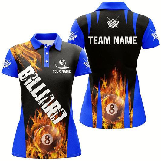 Goofygear Personalized Flame 8 Ball Pool Fire Billiard Shirts For Women Custom Blue And Black Billiard Jerseys